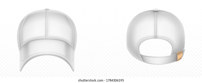 Baseball cap front and back view. Vector realistic mockup of blank white hat with stitches, visor and snap on peak. Sport uniform cap for protection head of sun isolated on transparent background