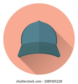 Baseball cap, front view. On round orange background with shadow. Flat style, icon. 10 eps