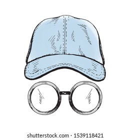 Baseball cap and glasses set. Outlines elements on white background