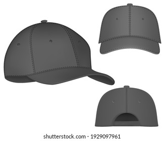Baseball cap gray template. Design template closeup in vector. Realistic back front and side view white baseball cap isolated on white background.