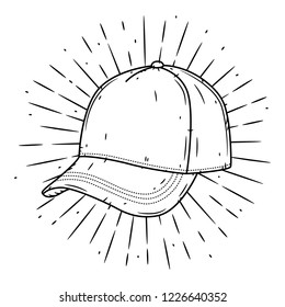 Baseball cap. Hand drawn vector illustration with baseball cap and divergent rays. Used for poster, banner, web, t-shirt print, bag print, badges, flyer, logo design and more. 