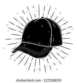 Baseball cap. Hand drawn vector illustration with baseball cap and divergent rays. Used for poster, banner, web, t-shirt print, bag print, badges, flyer, logo design and more. 