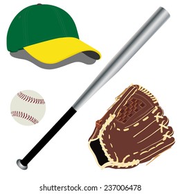 Baseball cap, baseball hat, baseball bat, baseball glove