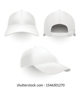 Baseball cap, hat realistic vector mockup set. Blank hat with visor for sun protection, modern head wear isolated on white background. Sport merchandise design element front, back and side view