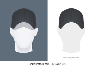 Baseball cap at head mannequin. Man Avatar in headgear. Clothes design. Trendy wear. Sports clothes. View hat. Face look. Isolated white background. Eps10 vector illustration.