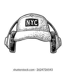 Boné de beisebol com fones de ouvido. Ilustração de gravura em preto vintage. Isolado no fundo branco. Elemento de design desenhado à mão para cartaz