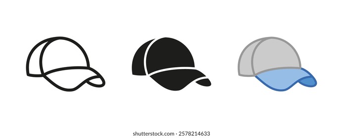 Baseball cap icon. Hat with visor peak symbol. Baseball cap vector illustration. Head clothing sign. Headwear clothes pictogram. Sport baseball cap isolated outline, black and colored blue concept.