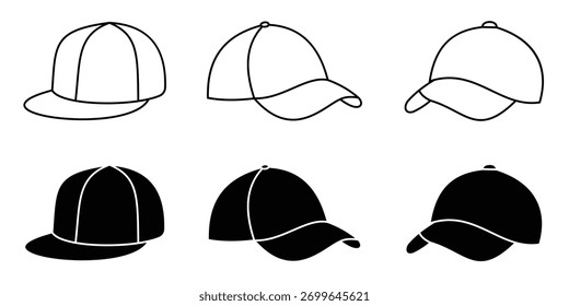 Baseball Cap Icon Set – Black Silhouette and Line Vector of Sports Hat Design Collection