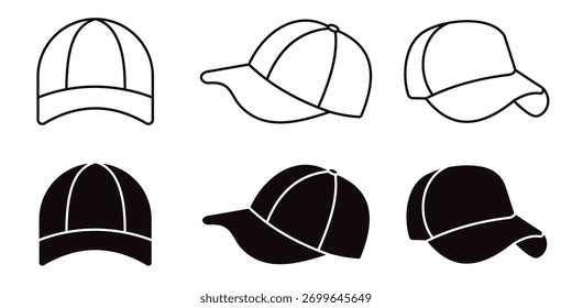 Conjunto de iconos de gorra de béisbol: silueta negra y Vector de línea de Colección de diseño de sombrero deportivo