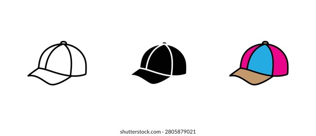 Baseball cap icon set. Sport headwear, casual fashion accessory, summer hat, or peaked cap symbol. Vector illustration.