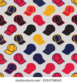 Baseball cap icon vector seamless pattern. Hand drawn doodle wallpaper. Graphic design, print, banner, card, poster, backdrop. 