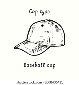 Baseball cap. Ink black and white doodle drawing in woodcut style.