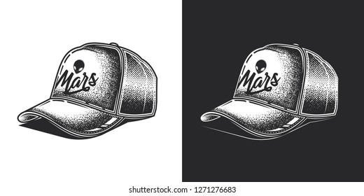 Baseball cap with inscription. Monochrome vector illustration in retro style, on white and dark background.