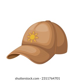 Baseball cap for kid vector illustration. Cartoon isolated brown summer beach hat for baby child, cap with visor and cute yellow sun sign on front, headwear for sun protection of childrens head