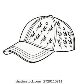 El dibujo de la línea de la gorra de béisbol muestra un diseño de hoja botánica simple y repetitivo perfecto para proyectos minimalistas de marca de ropa o Diseño gráfico que necesitan un elemento de sombrerería con estilo.