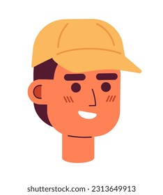 Hombre de la gorra de béisbol sonriendo cabeza de carácter vector semiplana. Hombre deportivo. Feliz atleta. Icono de avatar de caricatura editable. Enfrentar la emoción. Ilustración de puntos coloridos para diseño gráfico web, animación