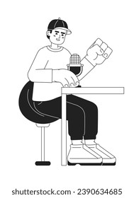 Baseball cap man speaking into microphone podcast black and white 2D cartoon character. Male sitting at table isolated vector outline person. Radio announcer monochromatic flat spot illustration