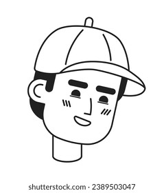 Baseball cap man toothy smile black and white 2D vector avatar illustration. Arab guy wearing baseball hat outline cartoon character face isolated. Sport fan male flat user profile image, portrait