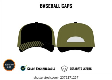 Baseball cap mockup Collection set Graphic Caps in Basic Colors realistic templates, front back side views icon illustration clipping path Variations for Web and Print Design art work white background