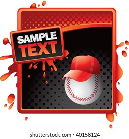 Baseball with cap on red and black halftone grunge advertisement