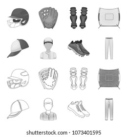 Baseball cap, player and other accessories. Baseball set collection icons in outline,monochrome style vector symbol stock illustration web.