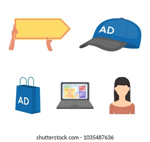 Baseball cap, pointer in hands, laptop, shopping bag.Advertising,set collection icons in cartoon style vector symbol stock illustration web.