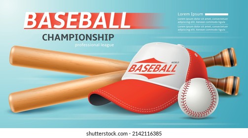 Baseball cap poster. Realistic sports equipment and combined colors headgear with visor. Wooden bats and leather ball. Competitive game. Pitcher player tools. Vector