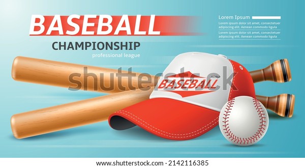Baseball cap poster. Realistic\
sports equipment and combined colors headgear with visor. Wooden\
bats and leather ball. Competitive game. Pitcher player tools.\
Vector