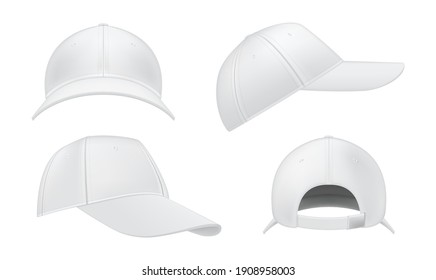 Baseball cap realistic mockups set. Sport outdoor hat empty blank templates. Running headdress. Front, side, three quater, back view. Copy space. Vector collection isolated on white background.