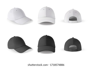 Бейсболка. Реалистичный шаблон бейсболки спереди, сбоку, сзади. Черно-белая пустая крышка, изолированная на белом фоне. Пустой набор макетов с другой стороной спортивной шляпы.
