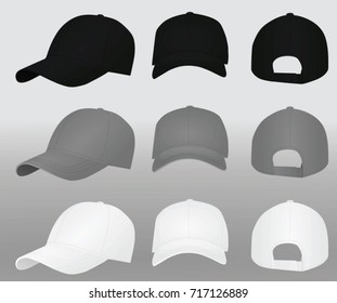 Baseball cap set. black grey and white. vector illustration