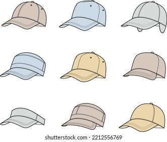 Baseball cap set flat sketch. Sport hat apparel design. Front view. Accessory CAD mockup. Fashion technical drawing template. Vector illustration.