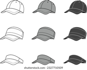 Baseball cap set flat sketch. Sport hat apparel design. Front view. Men CAD mockup. Fashion technical drawing template. Vector illustration.