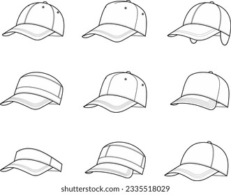 Baseball cap set flat sketch. Sport hat apparel design. Front view. Accessory CAD mockup. Fashion technical drawing template. Vector illustration.