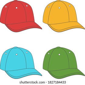 Baseball cap, set of multi-colored baseball caps isolated on white background. Vector, cartoon illustration. Vector.