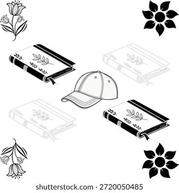 La gorra de béisbol y varios libros estilizados con diseños de hojas están dispuestos en una sencilla composición gráfica en blanco y negro enmarcada por Elementos florales decorativos.