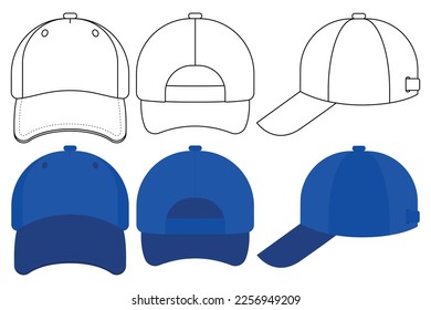 Baseball Cap Side Front Back View Line And Flat Vectorart