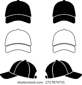 Baseball cap silhouette set isolated on white background, classic cap hat silhouettes collection in flat style