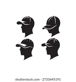 Baseball cap silhouettes in profile, different styles, man headwear, accessory, graphic design, vector illustration.
