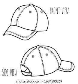 Baseball cap sketch  Black   white flat technical drawing  Vector graphic template  Fashion design accessory  Front   back view  Summer head wear 
