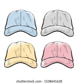 Baseball cap sketch in color. Outlines elements on white background