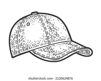 Baseball cap sketch engraving vector illustration. T-shirt apparel print design. Scratch board imitation. Black and white hand drawn image.