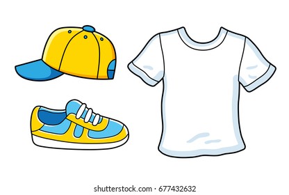 Baseball cap, sneaker, white t-shirt. Icons isolated.