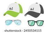 Baseball cap and sunglasses vector set. Hat and sunglasses clipart. Summer element. Cartoon flat vector isolated on white background.