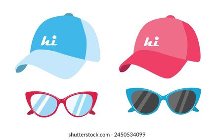 Baseball cap and sunglasses vector set. Hat and sunglasses clipart. Summer element. Cartoon flat vector isolated on white background.