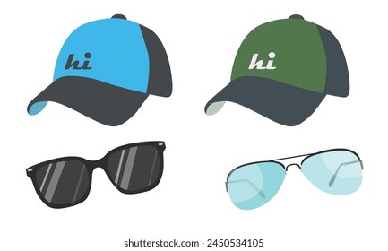 Baseball cap and sunglasses vector set. Hat and sunglasses clipart. Summer element. Cartoon flat vector isolated on white background.