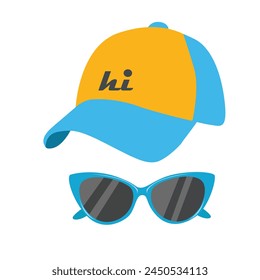 Gorra de béisbol y gafas de sol Vector set. Sombrero y gafas de sol Clipart. Elemento de verano. Vector plano de dibujos animados aislado sobre fondo blanco.