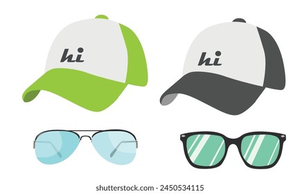 Baseball cap and sunglasses vector set. Hat and sunglasses clipart. Summer element. Cartoon flat vector isolated on white background.