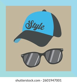 Baseball cap and sunglasses vector set Hat and sunglasses clipart Summer element Cartoon flat