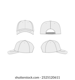  Dibujo técnico de la gorra de béisbol - bosquejo plano de la gorra de béisbol de la vista frontal, posterior y lateral